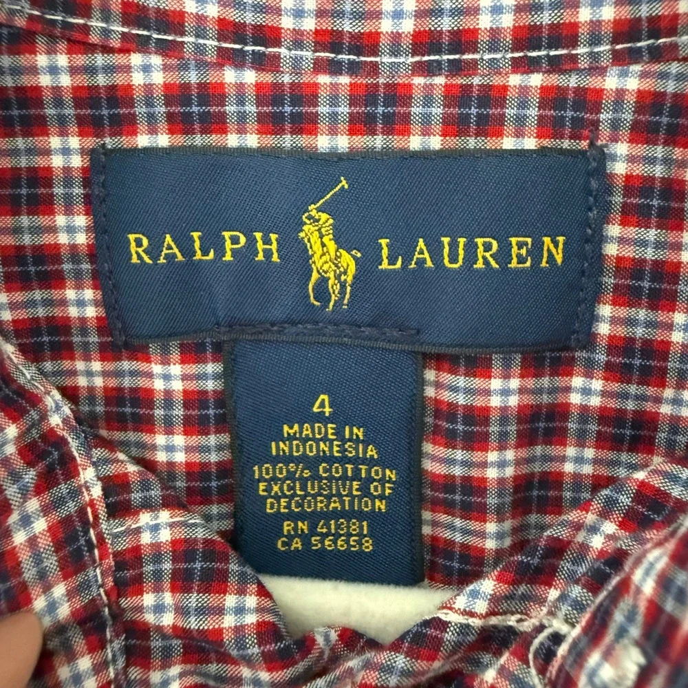Ralph Lauren Boys Red White Blue Plaid Button Down Cotton Shirt Size 4 RN41381